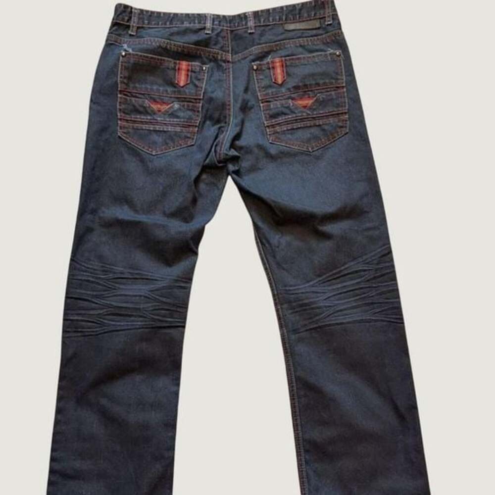 Lamasini Mens Dark Wash Straight Leg Jeans Red Stitching Webbing Trim 38x30